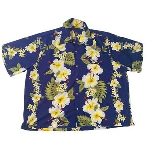 Alvish Mens Hawaiian Shirt XXL Blue Tropical Hibiscus Floral Short Sleeve Button